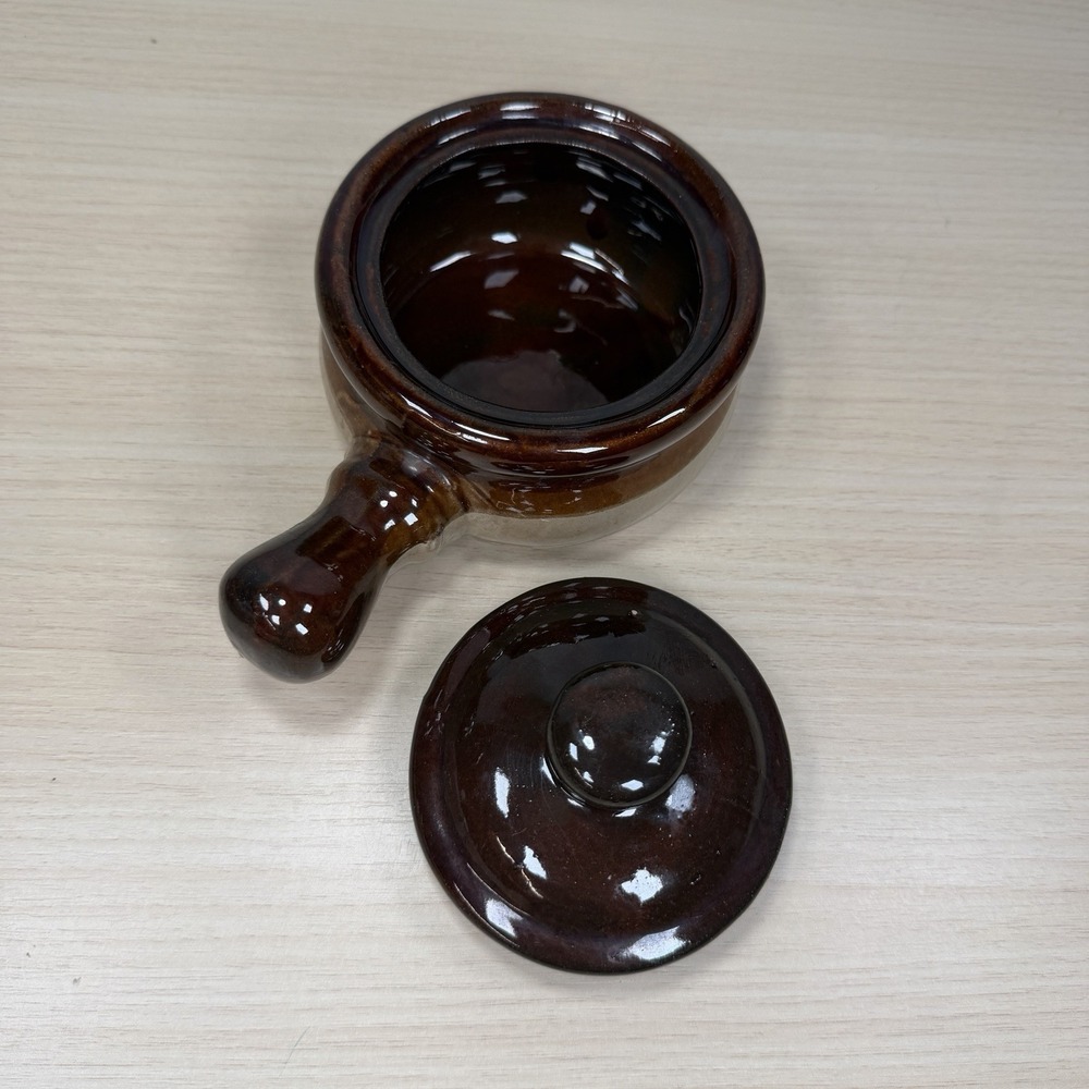Vintage French Onion Soup Crock Handled Bowls with Lid Brown Glazed (1) - Picture 7 of 13